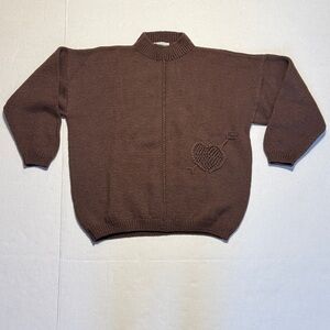 ROBERTA FROST Vintage Hand Knit 100% Virgin Wool Chocolate Brown Heart Detail L‎
